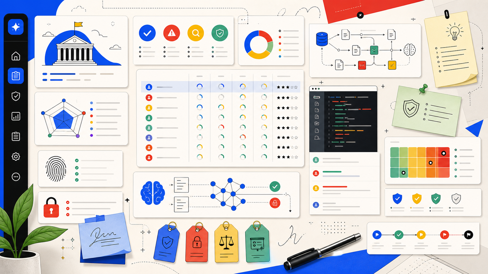 Illustrated dashboard with scorecards, audit trails, AI workflow nodes, and security review panels